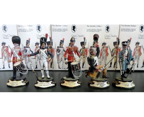 A collection of five Charles Stadden Studios pewter hand painted military figurines, with boxes, to include: a Drummer from t
