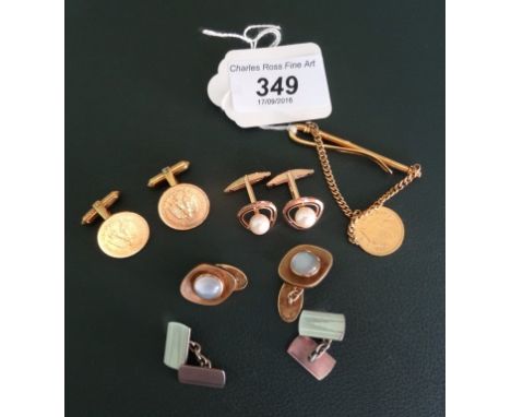 A pair of moonstone set cufflinks in modern yellow metal setting, together with a pair of Mexican pesos cufflinks, tie bar, a