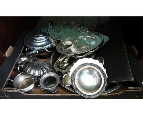 A box containing a quantity of silver plated items, to include: scallop shell shaped dish by Mappin & Webb, part-tea service,