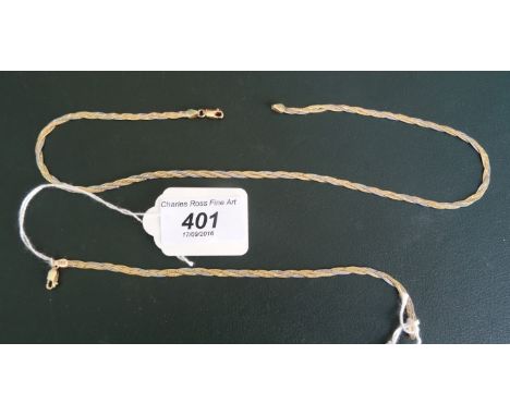 A two colour 14 carat gold twisted flattened link necklace and bangle, en-suite.