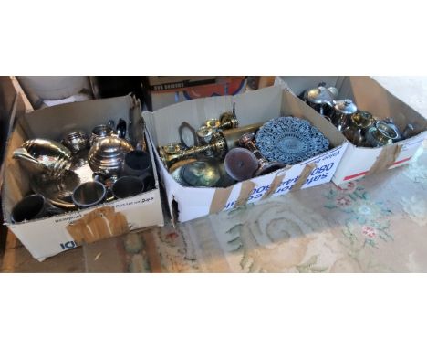 Three boxes containing a large quantity of metalware, to include: candlesticks, an Art Deco-style silver plated tea service, 