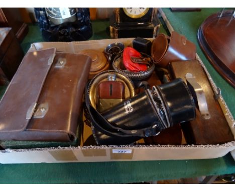 A mixed lot to include: a cased set of silver plated flatware, clothes brushes, a leather cased grooming set, tie presses, a 