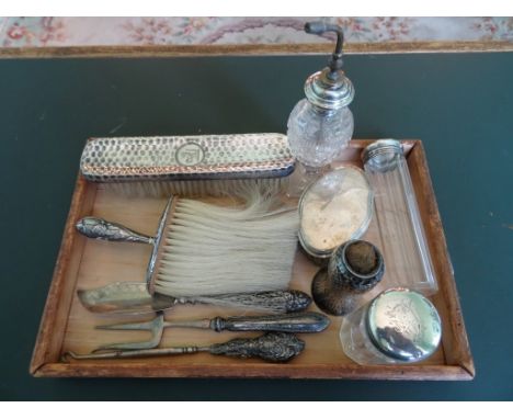 A mixed lot of silver, to include: part-dressing table set, clothes brush, a scoop, toasting fork and other items.