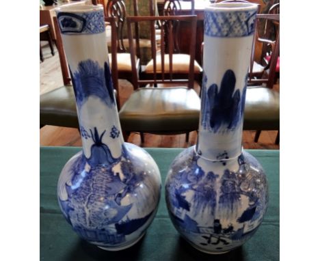 A pair of Chinese blue and white bottle bases, decorated with figures on a bridge between buildings and trees, with rocky out