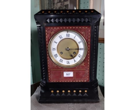A large Victorian and slate mantel clock, eight day movement, the circular brass and enamel dial signed Howell & James, To Th