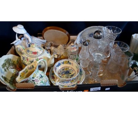 A box containing a quantity of ceramics and glass, to include: Lladro and Nao figurines, Masons teawares, pressed glass candl