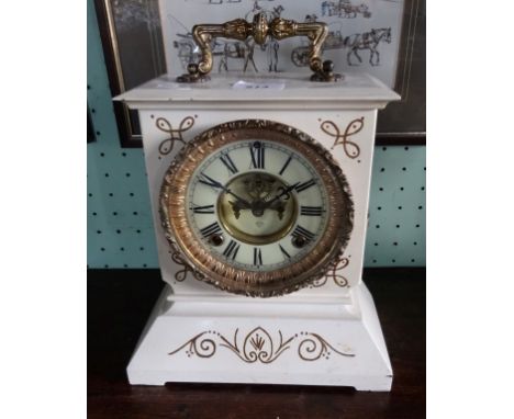 An American Ansonia Clock Company white painted mantel clock, eight day movement, the brass and enamel dial bearing Arabic nu
