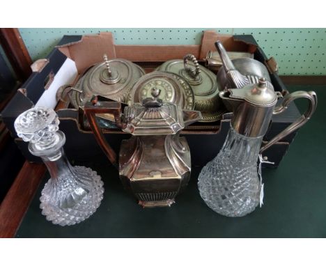 A pressed glass claret jug with silver plated mounts, together with an Art Deco-style part-tea service, lidded vegetable serv