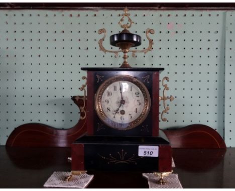 A Victorian slate, marble and ormolu mounted mantel clock, the enamel dial bearing Arabic numerals, (36cm).