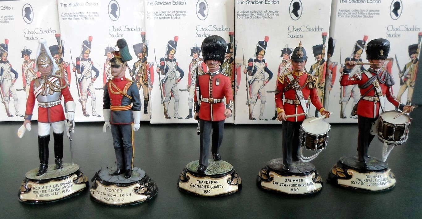 A collection of five Charles Stadden Studios pewter hand painted