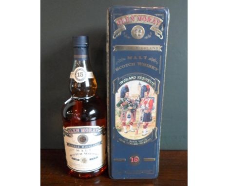 A bottle of Glen Moray Single Highland Malt Scotch Whisky, aged 15 years, in original tin commemorating the Black Watch, Roya