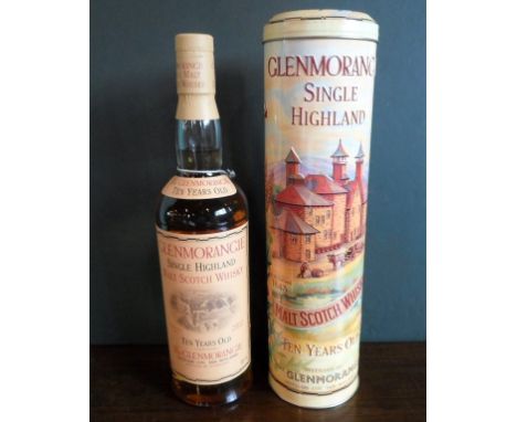 A bottle of Glenmorangie Single Highland Malt Scotch Whisky, aged 10 years, in original metal tube, bottled in the 1980s, 70c