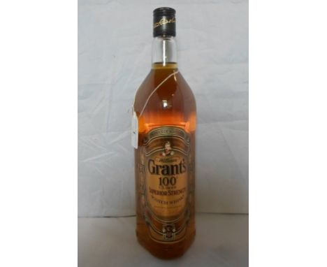 A bottle of Grant's US proof, Superior Strength Scotch Whisky, 1L, 50% proof.