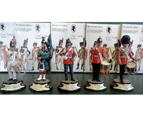 A collection of five Charles Stadden Studios pewter hand painted military figurines, with boxes, to include: a Drummer of the