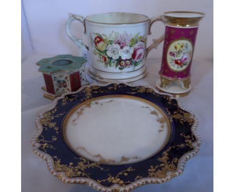 A late 19th century Royal Worcester cabinet plate, the cobalt blue border adorned with foliate gilt decoration, puce printed 