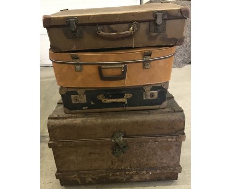 A vintage tin trunk together with 3 vintage suitcases.  