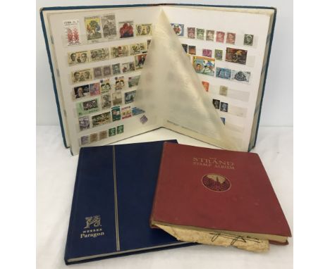 3 vintage stamp albums containing British and world stamps. To include a Wessex Paragon album and a red The Strand album. 
