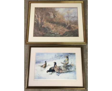 A Ltd Ed print of Pheasants in the snow by A. Thorburn, numbered 296/400. Together with a print of Woodcocks by the same arti
