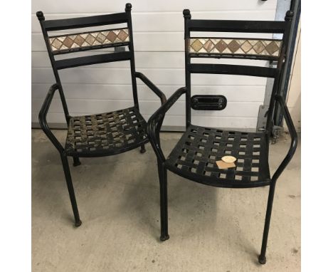 A set of 4 metal framed garden chairs with mosaic tile detail to backs.  