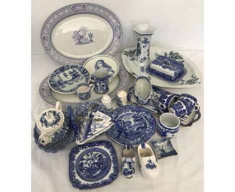 A box of assorted blue and white ceramics. To include Copeland Spode "Italian" tea plates and butter dish, several pieces of 