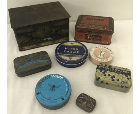 8 vintage collectors tins to include Geo Bassett & Co lockable tin, Carr's biscuit tin and gramophone needle case. 