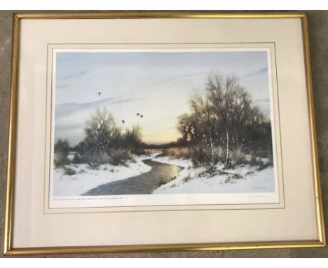 A Ltd Ed print by Norfolk Artist Colin Burns, "The Winter Dyke", Numbered 292/475. Framed and glazed. Image size approx. 35cm