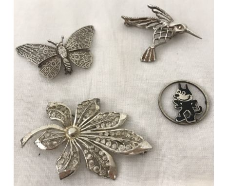 4 vintage silver brooches. A humming bird, a butterfly. Decorative leaf and a Charles Horner Felix The Cat brooch (pin missin