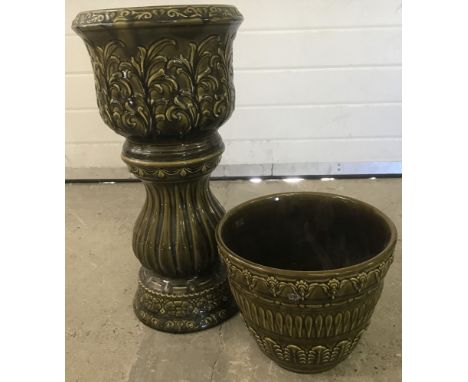 2 vintage ceramic planters in olive green coloured glaze. A jardinière style one piece planter together with one other. Large