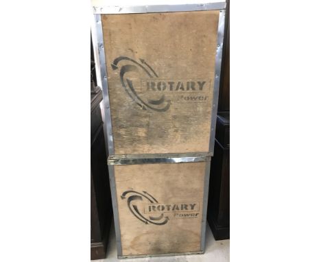 2 vintage wooden storage/packing chests with lids. Marked "Rotary Power". Approx. 52cm wide x 66.5cm tall.