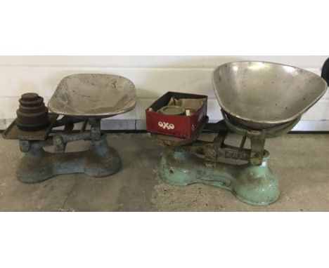 2 sets of vintage weighing scales. Both with set of weights 