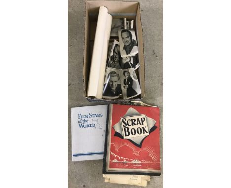 A box of mixed ephemera To include a vintage scrap book of Royal newspaper cutting from 1940's and 1950's. 