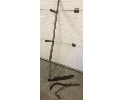 3 vintage farming/garden tools. To include large hay scythe made by W.A. Tyzack & Co. Sheffield. 