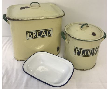 2 pieces of vintage kitchen enamel ware, together with a modern piece.  