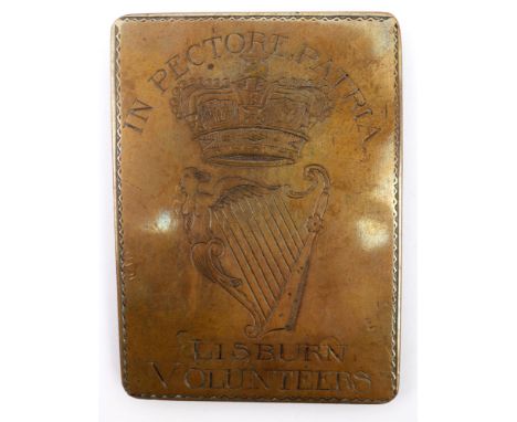 Lisburn Volunteers cross belt plate. A brass rectangular convex cross belt plate engraved to the centre with a crown over Mai