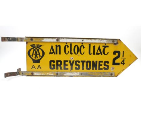 Mid 20th century, Automobile Association yellow enamel finger road sign for Greystones, Co. Wicklow. A two-sided, yellow enam