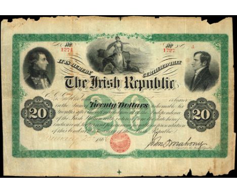 1866-67 Irish Republic Twenty Dollars 'Fenian Bond'. Dated in manuscript January 23rd 1866, issued to Luke Walsh, signed in b
