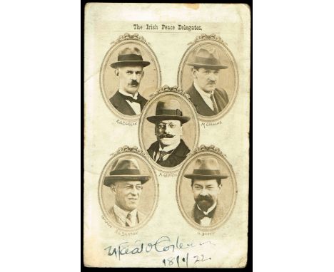Michael Collins signature on The Irish Peace Delegates postcards A postcard titled 'The Irish Peace Delegates', with oval por