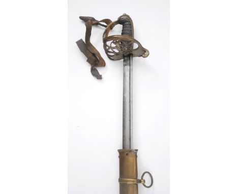 A Victorian 1845-pattern sword. The curved pipe-back blade on brass gothic hilt with VR cypher, in brass scabbard. Sword leng