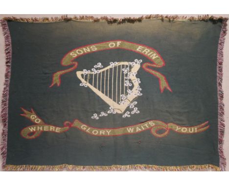 Sons of Eireann banner. A large green banner, centred with a shamrock-entwined harp, ribbons above and below inscribed, 'Sons