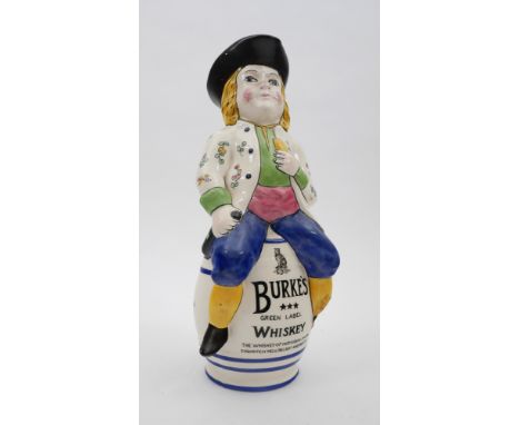 Burke's Whiskey jug. A large, ceramic, toby-style jug, a figure in tricorn hat seated on a barrel of Burkes Green Label Whisk