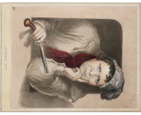 Daniel O'Connell cartoon portraits. A coloured lithograph of O'Connell wearing a nightcap and holding a pistol engraved 'Repe