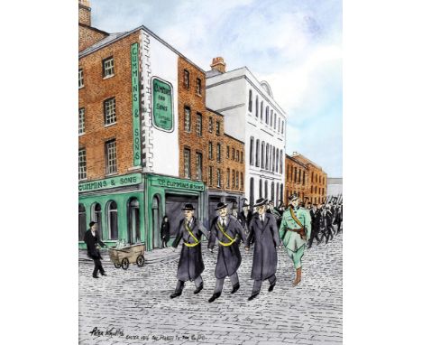 Easter 1916 The March to the GPO, Peter Knuttel (b.1945). A pen, ink and wash artiswt's impression of the Irish Volunteers an