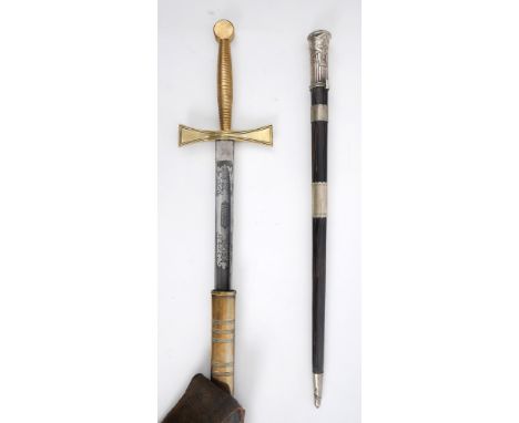 Early 20th century Masonic sword and silver plated mounted baton. A ceremonial short sword by Spencer and Co., Great Queen St