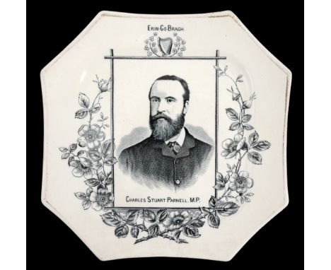 1886 Charles Stewart Parnell commemorative plate. Of octagonal form, the ivory ground centred by a portrait of Parnell surmou