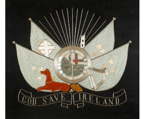 19th century silk needlework panel Erin go Bragh Centred with the arms of the Provinces flanked by banners and above a hound 