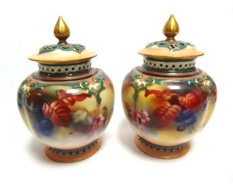 A PAIR OF ROYAL WORCESTER POT POURRI VASES &amp; COVERS  1907, hand-painted with blackberries, leaves and flowers, each 12.5c
