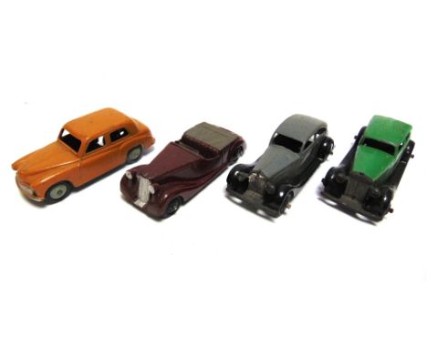 FOUR DINKY DIECAST MODEL CARS  circa 1940s-50s, comprising a No.30b, Rolls-Royce, grey with a black chassis and black ridged 