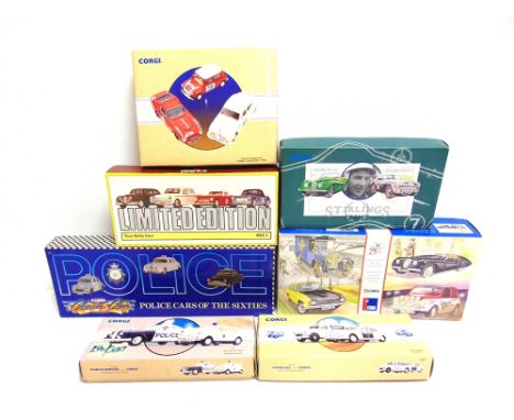 SEVEN MAINLY 1/43 SCALE CORGI CLASSICS DIECAST MODEL CAR SETS  including those of Police and racing interest, each mint or ne