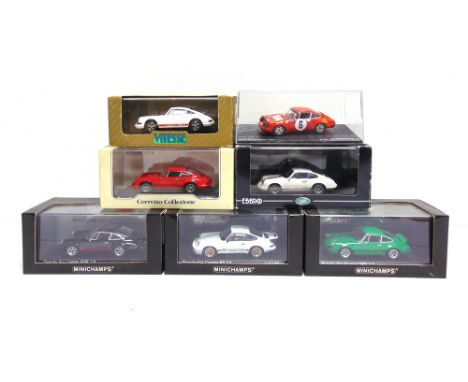 SEVEN 1/43 SCALE DIECAST MODEL CARS  comprising a Minichamps No.430 736902, Porsche 911 Carrera RSR 2.8, 1973, green; Minicha