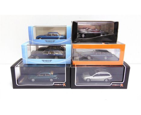 SIX 1/43 SCALE DIECAST &amp; RESIN MODEL CARS  comprising a Neo No.NEO49598, Jaguar XJ Series III, metallic light blue; Neo N